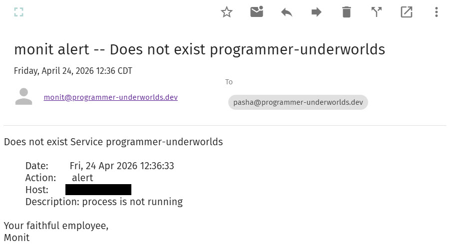 Correo electrónico de monit que informa que el proceso programmer-underworlds ha muerto.