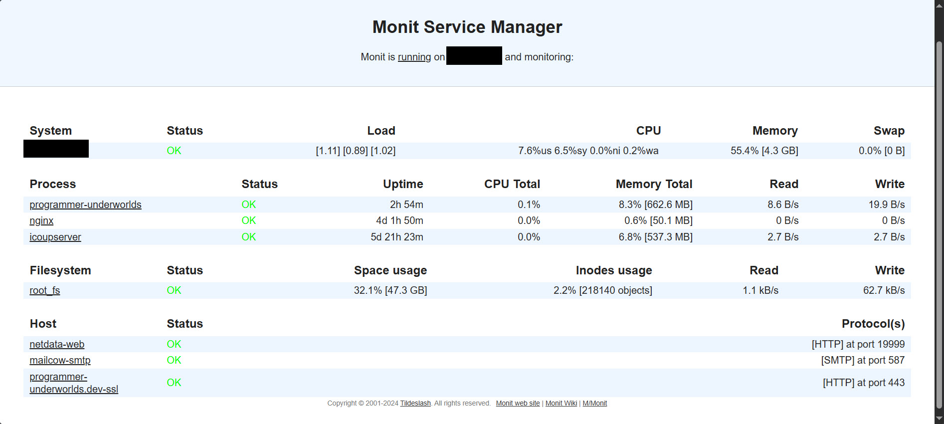 Página de monit que muestra los recursos que se están monitoreando.