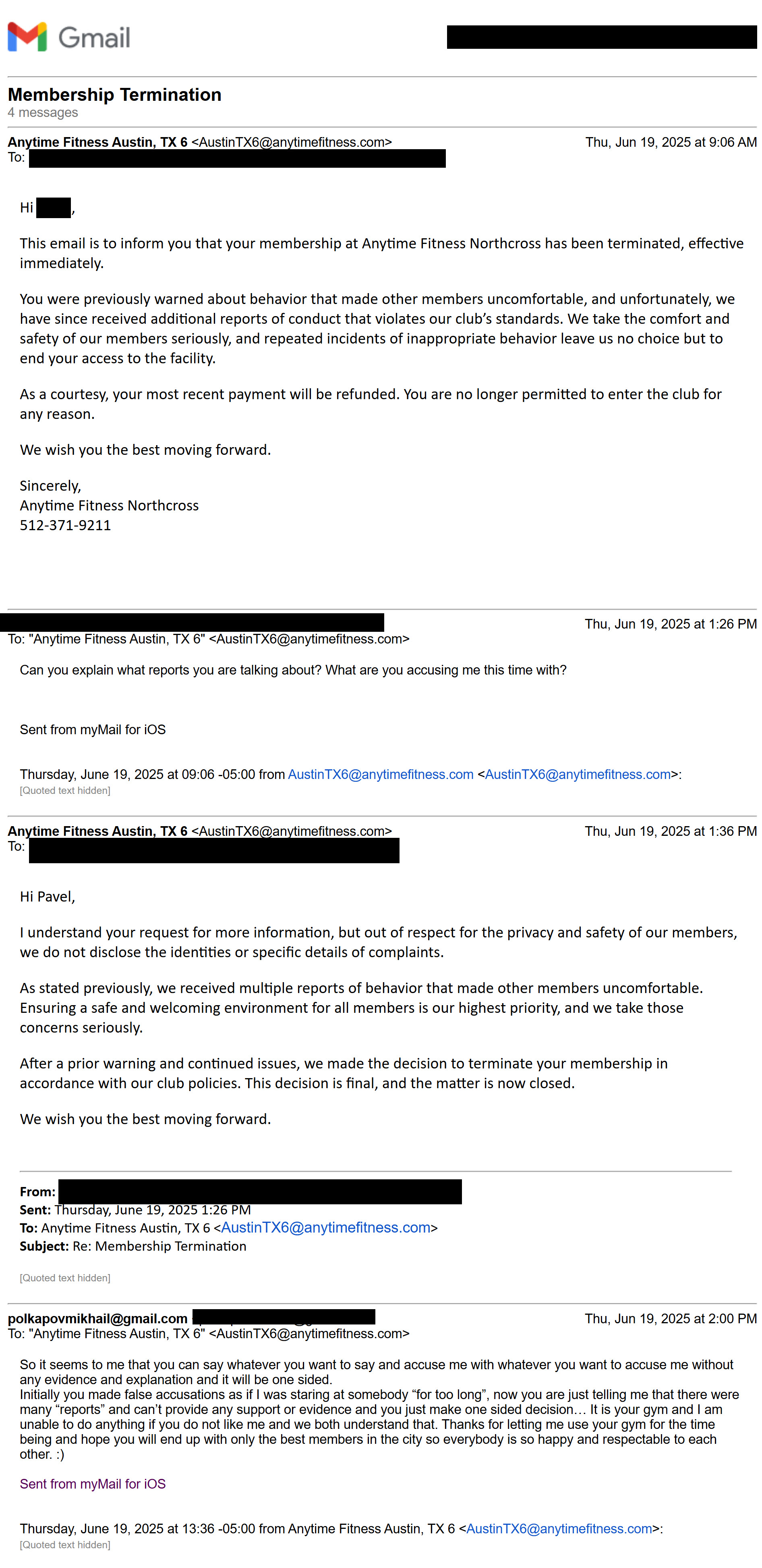 Screenshot with termination letter and little conversation with the branch owner.